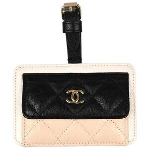 Chanel Beige Black Calfskin Luggage Tag Cardholder Small Good